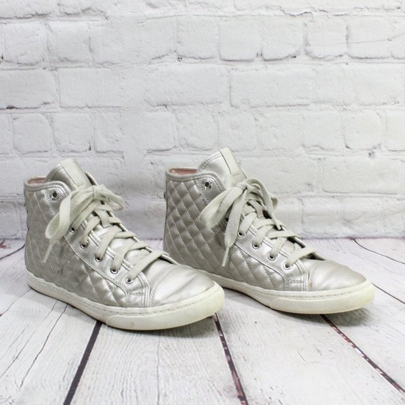 Geox Respira Silver Patent Leather Hi Top Back Zip Sneakers Size US 8 - Picture 3 of 9